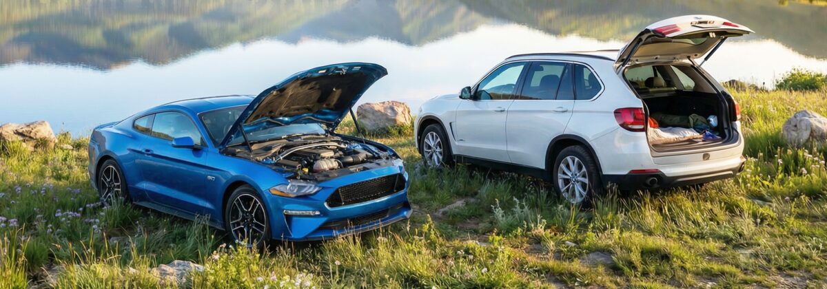 A sports car with hood struts and an SUV with rear hatch struts, both open by a mountain lake
