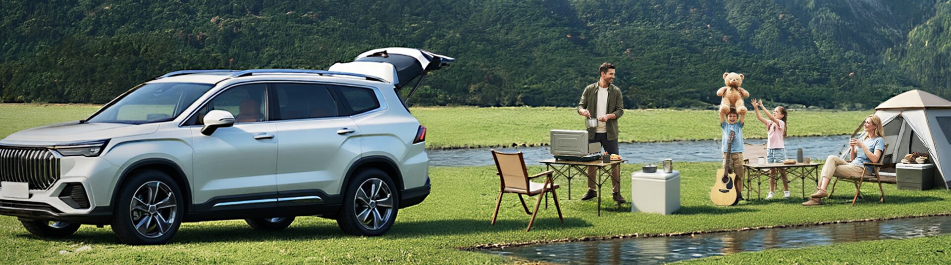 An SUV with its gas-strut-supported tailgate open at a lakeside campsite