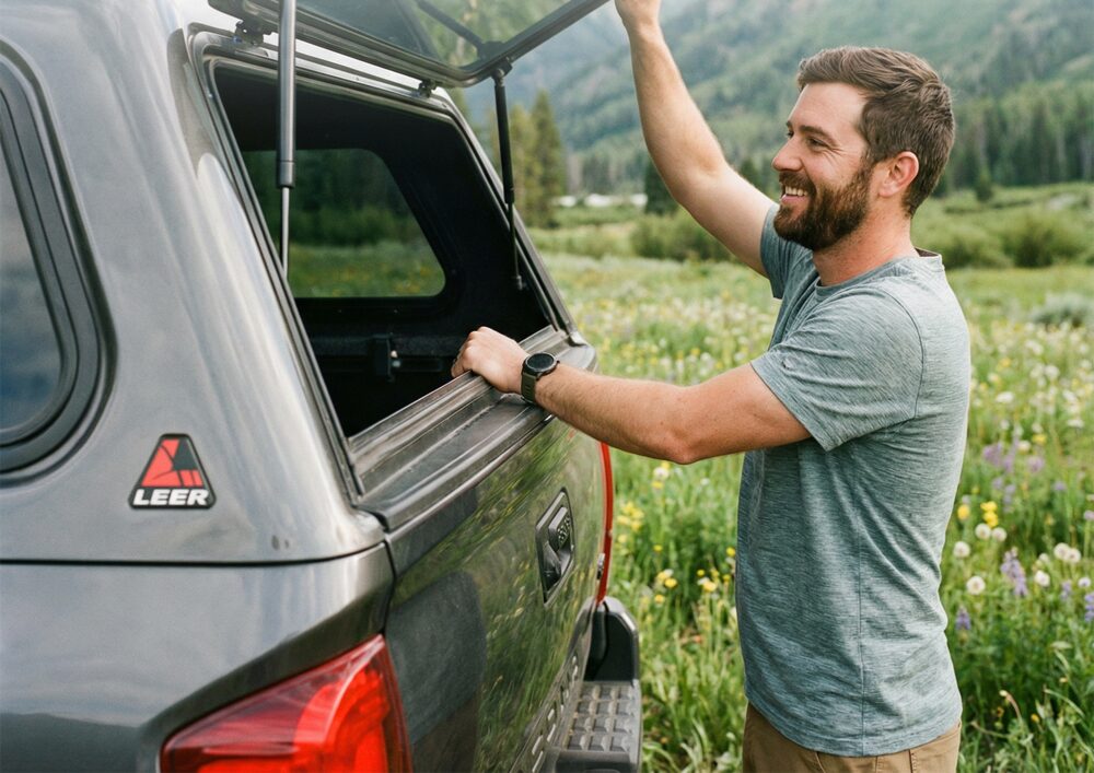 A man opening a camper shell window supported by ARANA gas struts in a mountain meadow